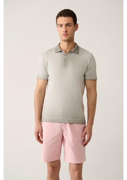 Erkek Gri 3 Düğmeli Boya Efektli Polo Yaka Triko T-Shirt A41Y5114