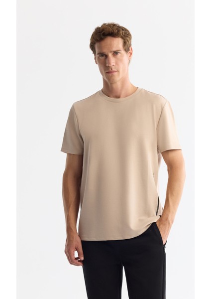 Erkek Bej Bisiklet Yaka Baskılı Elastan T-shirt A42y1017