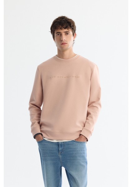 Erkek Pembe Bisiklet Yaka Pamuklu Baskılı Elastan Sweatshirt A42Y1221