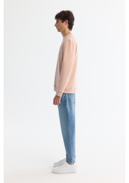 Erkek Pembe Bisiklet Yaka Pamuklu Baskılı Elastan Sweatshirt A42Y1221