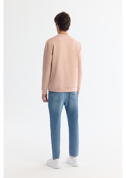 Erkek Pembe Bisiklet Yaka Pamuklu Baskılı Elastan Sweatshirt A42Y1221
