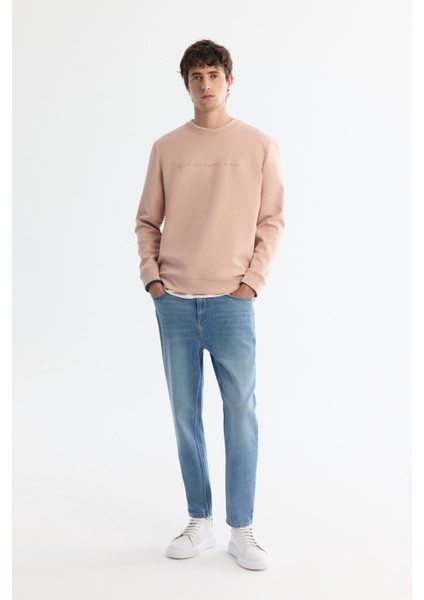Erkek Pembe Bisiklet Yaka Pamuklu Baskılı Elastan Sweatshirt A42Y1221