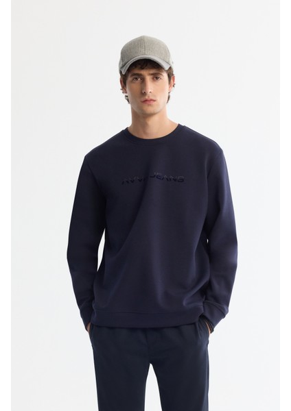 Erkek Lacivert Bisiklet Yaka Pamuklu Baskılı Elastan Sweatshirt A42Y1221