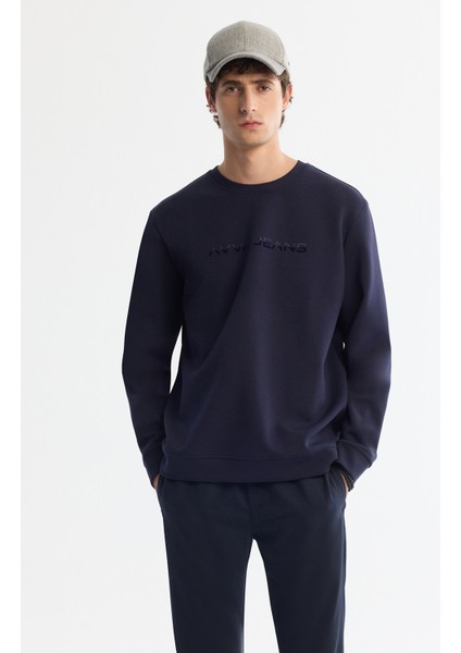 Erkek Lacivert Bisiklet Yaka Pamuklu Baskılı Elastan Sweatshirt A42Y1221