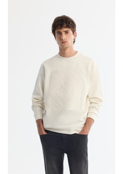 Erkek Ekru Bisiklet Yaka Pamuklu Baskılı Elastan Sweatshirt A42y1243