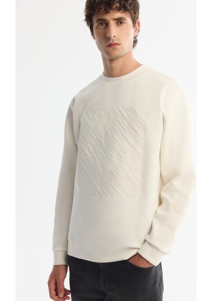 Erkek Ekru Bisiklet Yaka Pamuklu Baskılı Elastan Sweatshirt A42y1243
