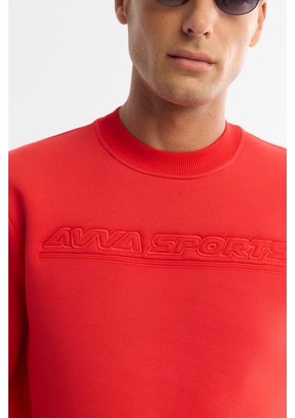 Erkek Kırmızı Bisiklet Yaka 3 Iplik Şardonlu Baskılı Sweatshirt A42y1306