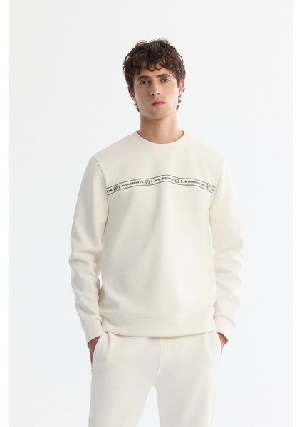 Erkek Ekru Bisiklet Yaka Pamuklu Baskılı Elastan Sweatshirt A42y1308