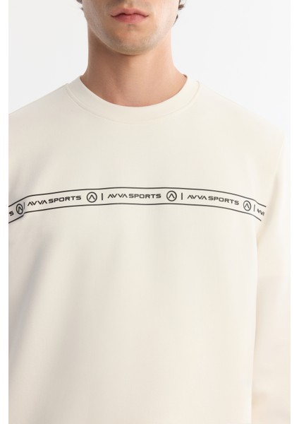 Erkek Ekru Bisiklet Yaka Pamuklu Baskılı Elastan Sweatshirt A42y1308