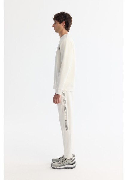 Erkek Ekru Bisiklet Yaka Pamuklu Baskılı Elastan Sweatshirt A42y1308