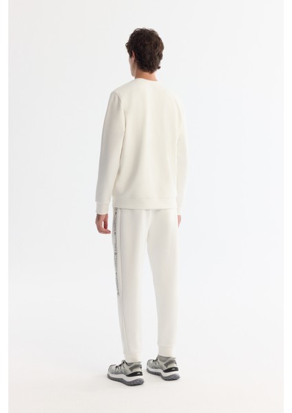 Erkek Ekru Bisiklet Yaka Pamuklu Baskılı Elastan Sweatshirt A42y1308