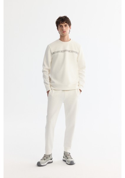 Erkek Ekru Bisiklet Yaka Pamuklu Baskılı Elastan Sweatshirt A42y1308