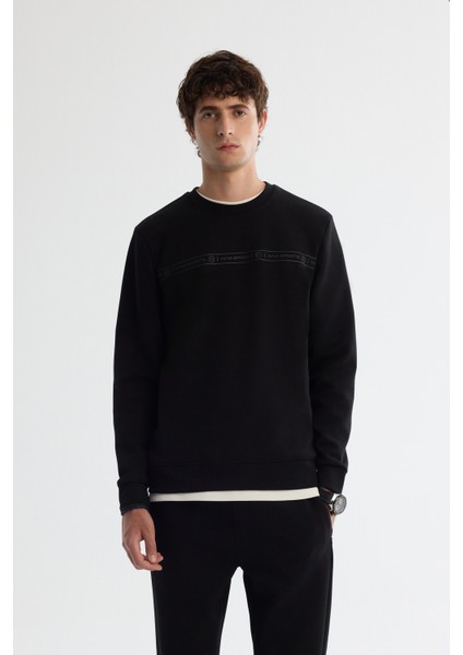 Erkek Siyah Bisiklet Yaka Pamuklu Baskılı Elastan Sweatshirt A42Y1308