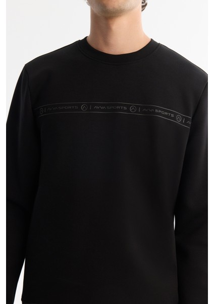 Erkek Siyah Bisiklet Yaka Pamuklu Baskılı Elastan Sweatshirt A42Y1308
