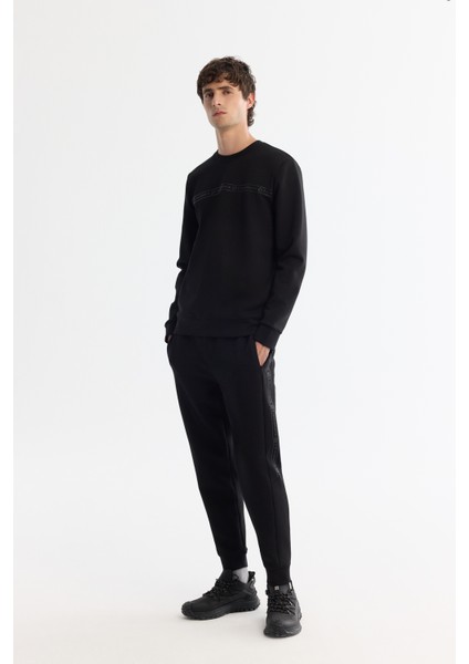 Erkek Siyah Bisiklet Yaka Pamuklu Baskılı Elastan Sweatshirt A42Y1308
