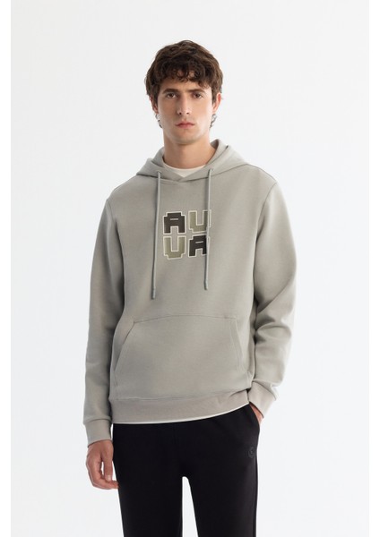 Erkek Gri Kapüşonlu Pamuklu Baskılı Elastan Sweatshirt A42y1324