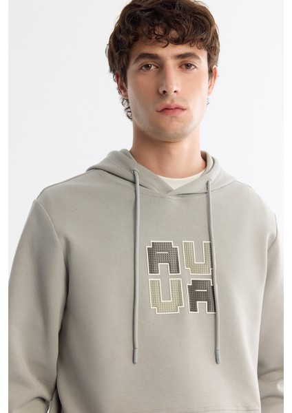 Erkek Gri Kapüşonlu Pamuklu Baskılı Elastan Sweatshirt A42y1324