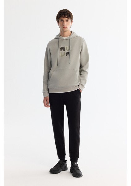 Erkek Gri Kapüşonlu Pamuklu Baskılı Elastan Sweatshirt A42y1324