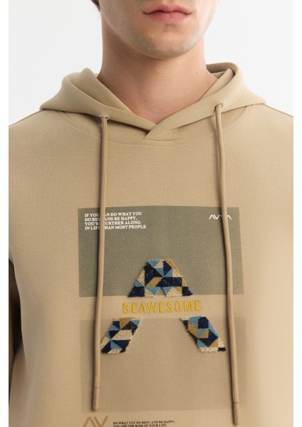 Erkek Bej Kapüşonlu Pamuklu Baskılı Elastan Sweatshirt A42Y1321