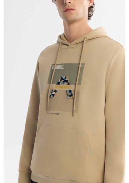 Erkek Bej Kapüşonlu Pamuklu Baskılı Elastan Sweatshirt A42Y1321
