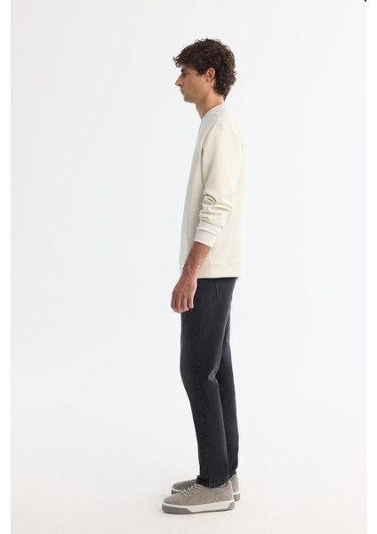 Erkek Ekru Bisiklet Yaka Pamuklu Baskılı Elastan Sweatshirt A42y1243