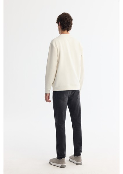 Erkek Ekru Bisiklet Yaka Pamuklu Baskılı Elastan Sweatshirt A42y1243