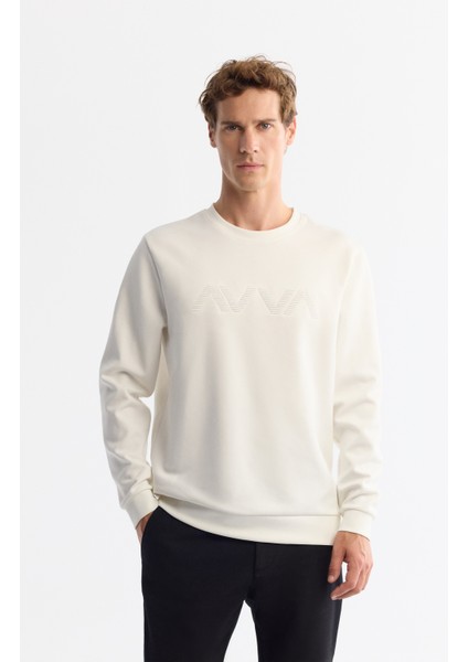 Erkek Ekru Bisiklet Yaka Pamuklu Baskılı Elastan Sweatshirt A42y1227