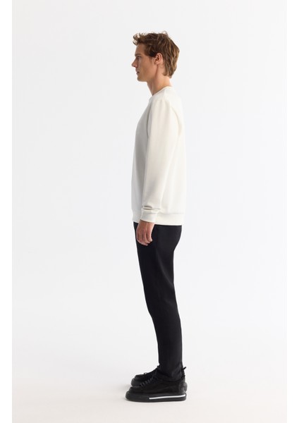 Erkek Ekru Bisiklet Yaka Pamuklu Baskılı Elastan Sweatshirt A42y1227
