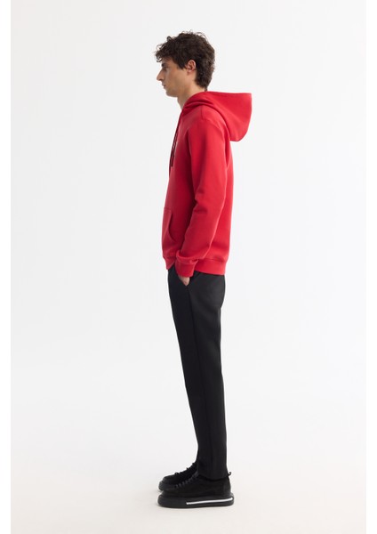 Erkek Kırmızı Kapüşonlu Pamuklu Baskılı Elastan Sweatshirt A42Y1322
