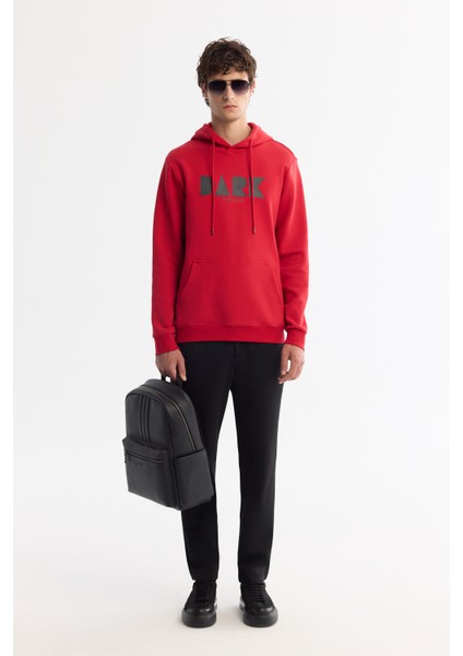 Erkek Kırmızı Kapüşonlu Pamuklu Baskılı Elastan Sweatshirt A42Y1322