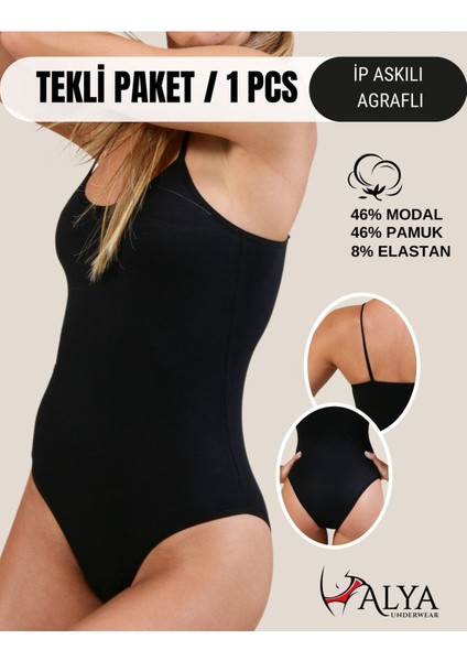 Kadın Ip Askılı Çıtçıtlı Body, Yumuşak Modal - Pamuk Karışımlı, Kancalı Bodysuit, 1 Ad. Siyah, M