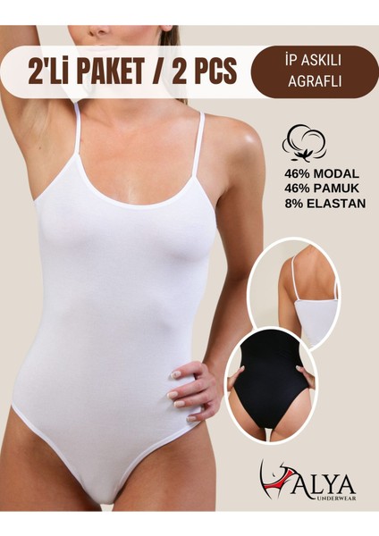 Kadın Ip Askılı Çıtçıtlı Body, Modal, Kancalı Yumuşak Dokulu 2'li Paket Beyaz + Siyah, Xl
