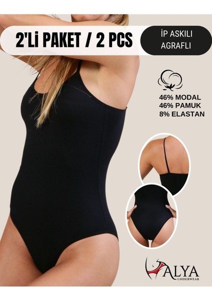 Kadın Ip Askılı Çıtçıtlı Body, Modal - Pamuk Karışımlı, ( Kancalı ), 2'li Paket, Siyah, Xl