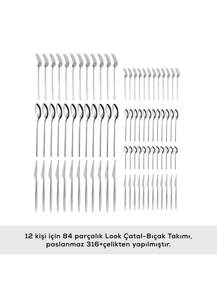 Look 316+ Çelik 84 Parça 12 Kişilik Premium Çatal Kaşık Bıçak Seti Kutulu