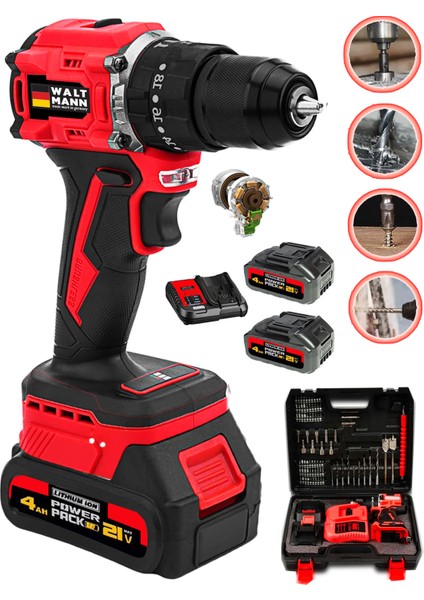 n Alman WXR-3400 Darbeli Kömürsüz Motor Samsung Pilli 2 Akülü Vidalama Matkap + 84 Parça Aksesuar Set