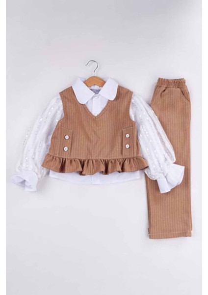 Kol Pul Işleme Şeritli Kız Çocuk 3 Lü Düğme detaylı takım - Hardal