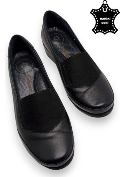 Deri Tam Ortopedik Iç Tabanlı Siyah Anne Ayakkabısı
