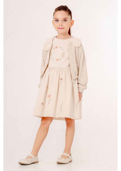 Minigimin Cicileri Hırka Yaka Detaylı Çiçek Işlemeli Kız Çocuk elbise takım - Krem