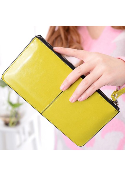 Kadın Uzun Cüzdan Moda Fermuarlı Bozuk Para Çantaları Büyük Kapasiteli Bayan Debriyaj Para Çantası Lüks Yağ Balmumu Deri Telefon Cep Cüzdan (Yurt Dışından)