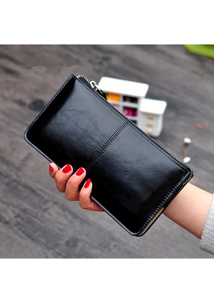 Kadın Uzun Cüzdan Moda Fermuarlı Bozuk Para Çantaları Büyük Kapasiteli Bayan Debriyaj Para Çantası Lüks Yağ Balmumu Deri Telefon Cep Cüzdan (Yurt Dışından) fırsatları