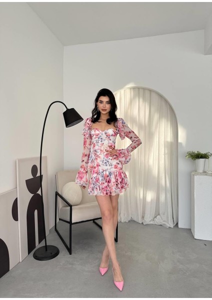 Şifon Tasarım Gloplu Mini Vesta Elbise