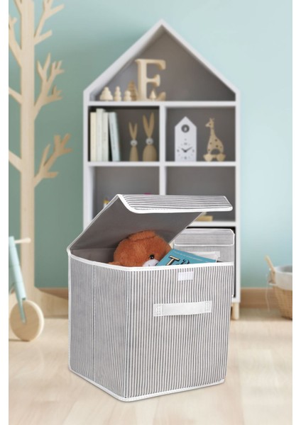 Kapaklı Dolap Içi Çamaşır Oyuncak Düzenleyici Katlanır Saklama Kutusu 30 x 30 x 30 (Çizgili)
