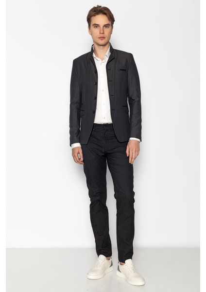 Erkek Slim Fit Düğmeli Çok Cepli Deri Detaylı Astarlı Dik Yaka Klasik Ceket fiyatları