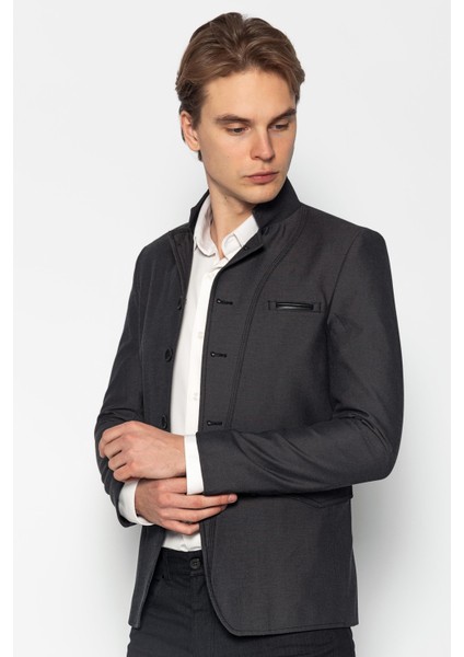 Erkek Slim Fit Düğmeli Çok Cepli Deri Detaylı Astarlı Dik Yaka Klasik Ceket fırsatları