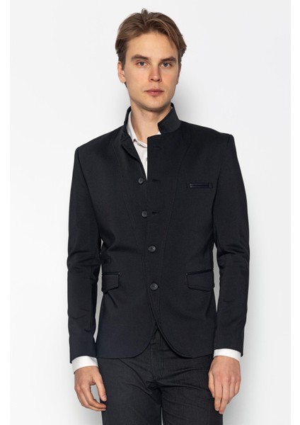 Erkek Slim Fit Düğmeli Çok Cepli Deri Detaylı Astarlı Dik Yaka Klasik Ceket