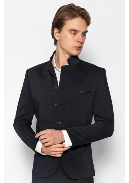 Erkek Slim Fit Düğmeli Çok Cepli Deri Detaylı Astarlı Dik Yaka Klasik Ceket