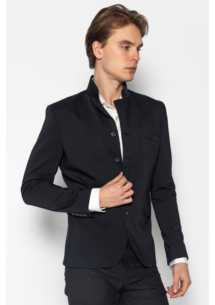 Erkek Slim Fit Düğmeli Çok Cepli Deri Detaylı Astarlı Dik Yaka Klasik Ceket