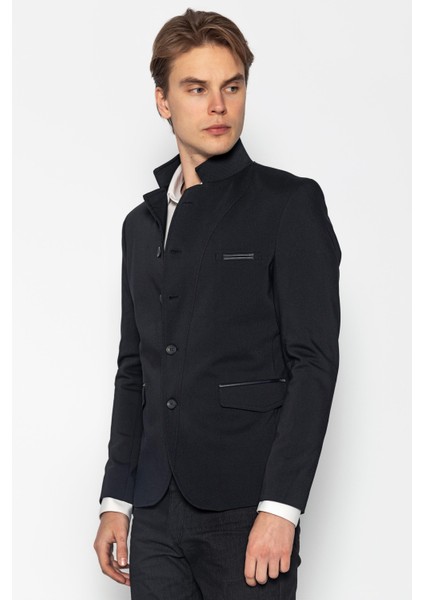 Erkek Slim Fit Düğmeli Çok Cepli Deri Detaylı Astarlı Dik Yaka Klasik Ceket