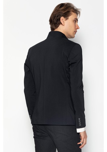 Erkek Slim Fit Düğmeli Çok Cepli Deri Detaylı Astarlı Dik Yaka Klasik Ceket