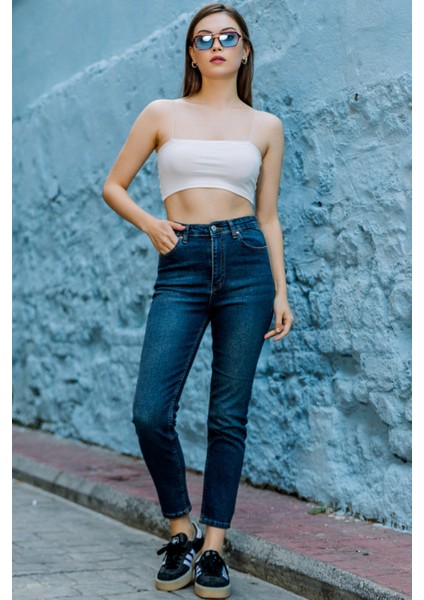 Yüksek Bel, Esnek Skinny Denim Dar Kalıp Mom Jean Kadın Kot Pantolon @cremona